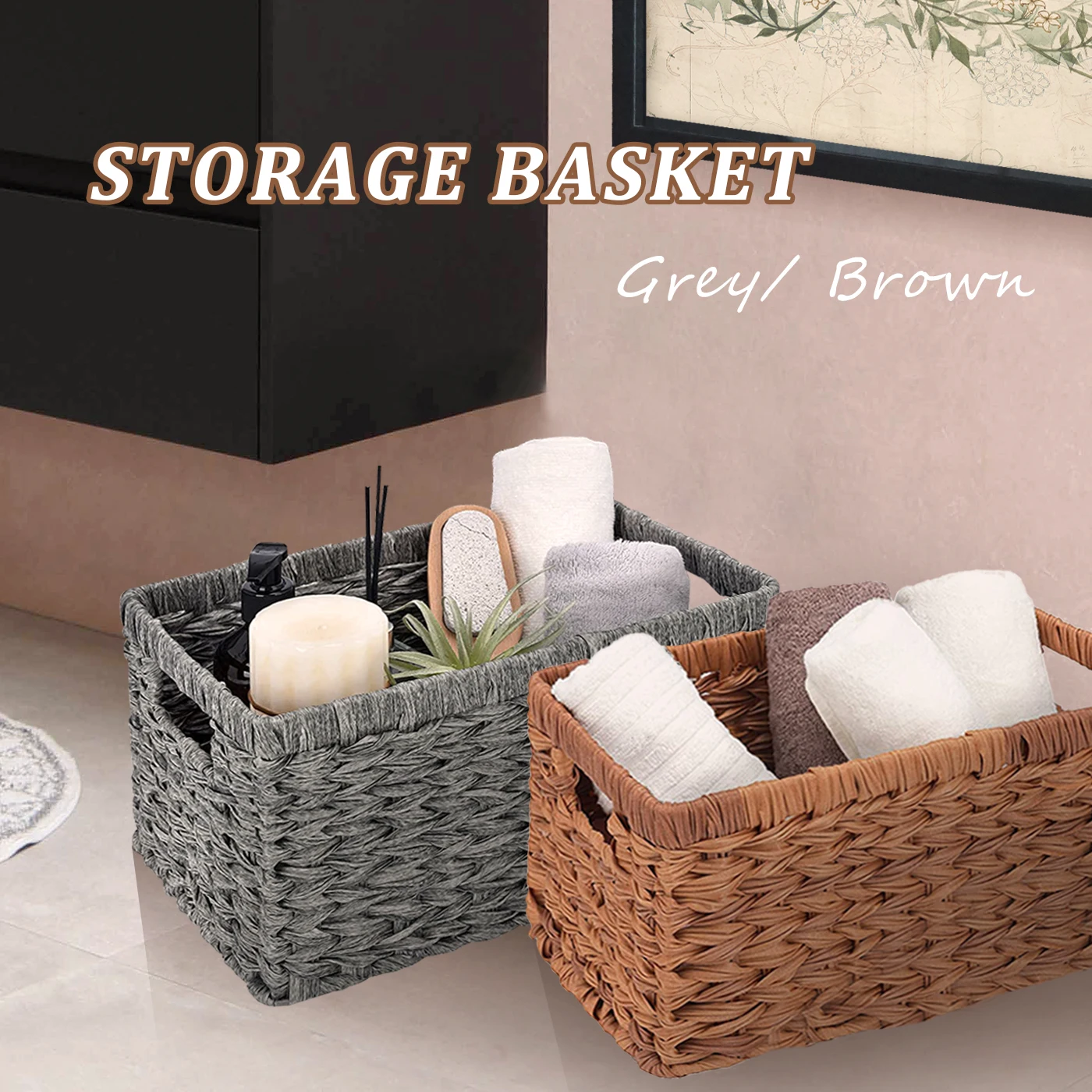 

Bathroom Woven Storage Baskets Wicker Basket with Handles Storage Bins For Organizing Bedroom Home Decor Organiser Space Saving