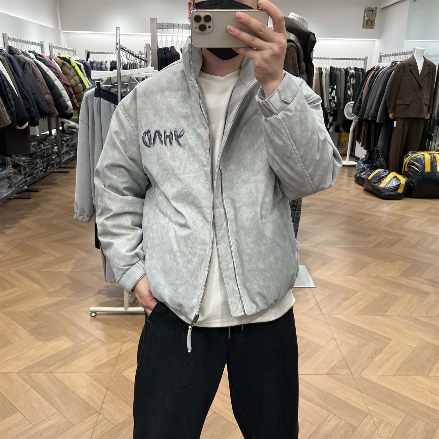 

Retro American Waed Dyeing fiti Print Stand Collar Men's down Jaet Winter Loose Sli Warmth Outerwear Polyester Fiber