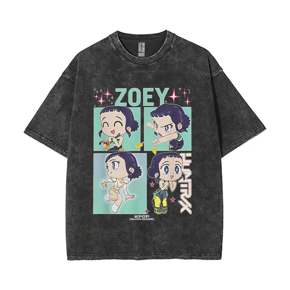 

Washed Retro Kpop Demon Hunters Rumi Mira Zoey T Shirt Men Women Casual Cotton Vintage T-shirts Men's Cartoon Fashion Streetwear