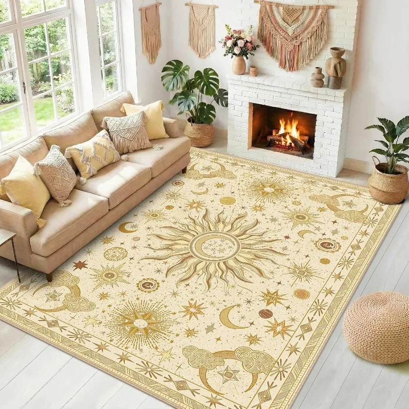 Vintage Bohemian Carpet Sun Moon Star Pattern Dreamlike Floor Area Rug for Living Room Bedroom Decor Soft Non-Slip Floor Mat
