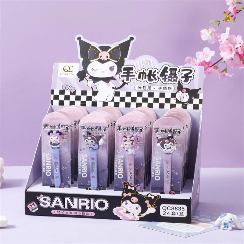 Imagem -02 - Sanrio Papelaria Grupo Pinça Conta Mão Kuromi Etiqueta Ferramentas Apontou Pinças Material Escolar Artesanal Faça Você Mesmo 24 Pcs