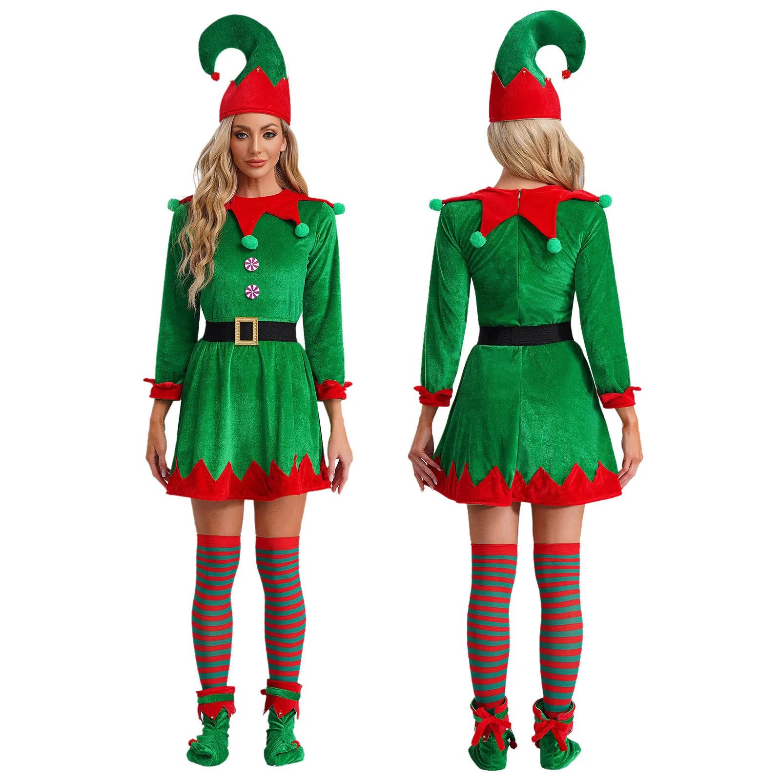 Women Christmas Elf Costumes Velvet Long Sleeve Dress+Elf Hat+Striped Stockings+Shoes 5 Pcs/Set Fancy Xmas Party Cosplay Outfit