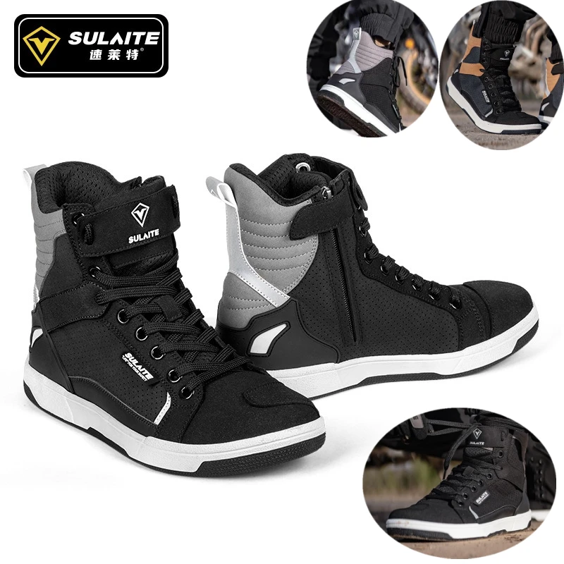 Men Motorcycle Boots Breathable Anti-fall Rider Road Racing Casual Shoes Boots Gear Shift Rubber Sole Reflective Motorbike Shoes