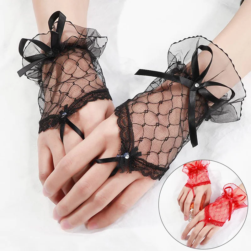 

Lace Fingerless White Gloves Beautiful See Through Bowknot Bride Party Gloves Solid Color Short Gloves Vintage Soft Xmas Gift