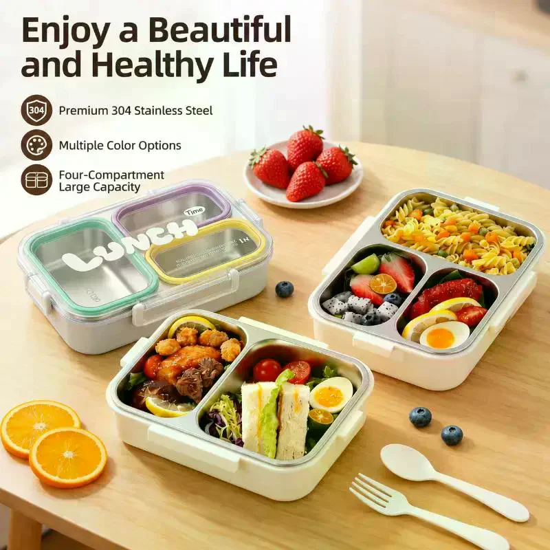 304 Stainless Steel 720ml Leak Proof 3 Compartments Lunch Box With Cutlery For Kids School Office Outdoor Picnics