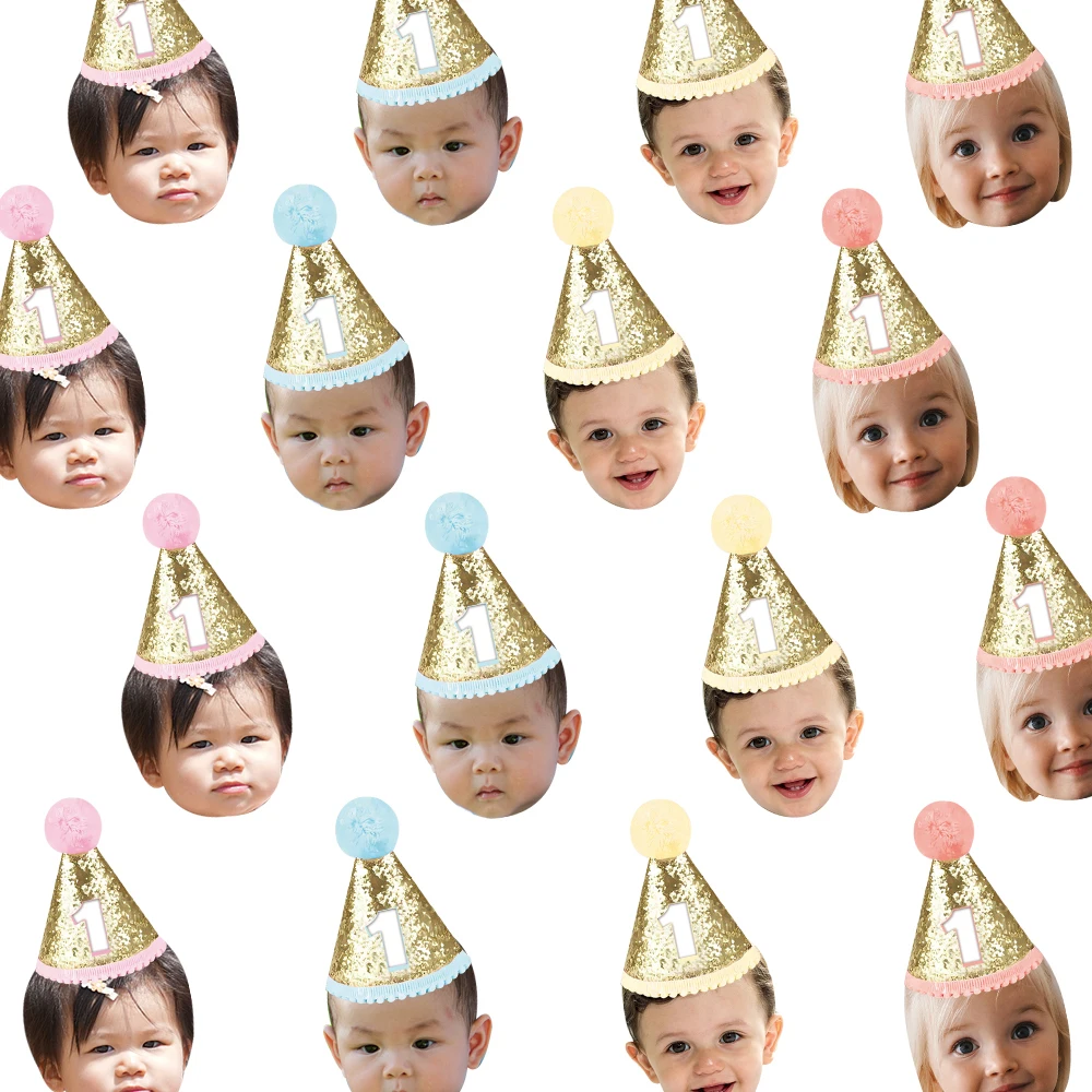 20/40/60 Uds. Pegatina personalizada para foto de cara de fiesta de cumpleaños, diseño de sombrero de cumpleaños brillante, etiqueta de sellado, decoración de regalo, decoración de primer cumpleaños para niños