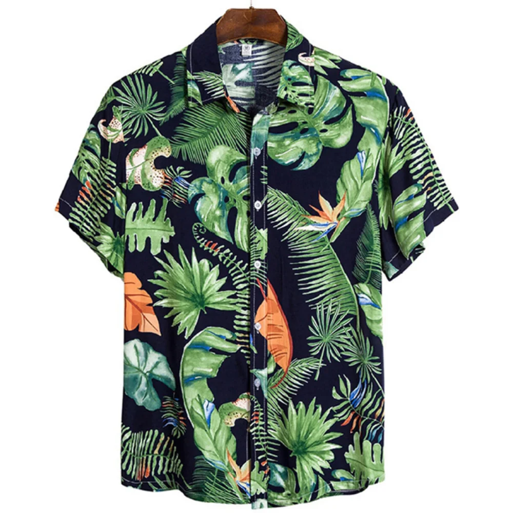 Men\'s Summer Short Sleeve Hawaiian Shirt Loose Fit Floral Print Tropical Cruise Beach Button Down Shirts Gentlemen Blouses