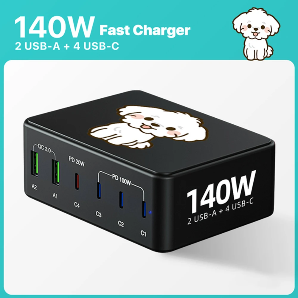 3D Dog 140W Multi USB PD 100W Fast GaN Charger 6-Port USB-C Charging Station QC3.0 PD3.0 PPS SCP AFC For Iphone 15 Samsung Phone