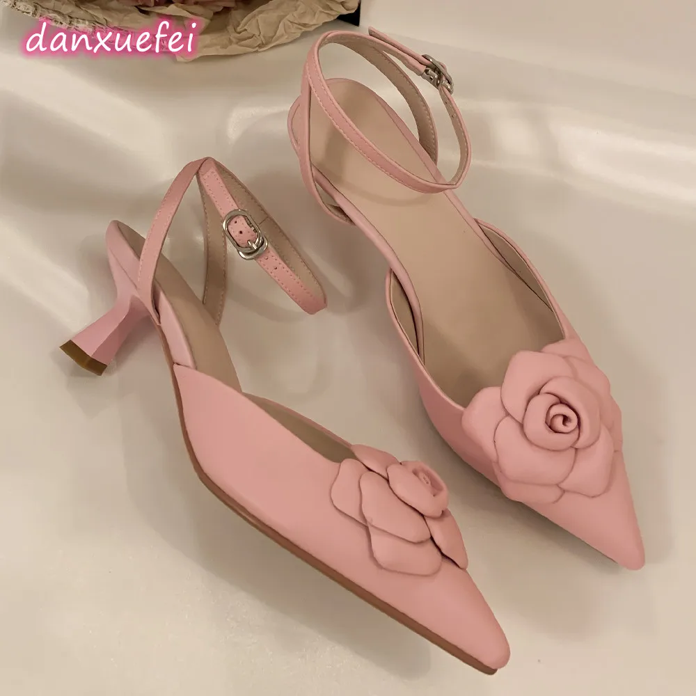 Danxuefei-sapatos de couro genuíno para mulheres, 6cm cinta no tornozelo, salto alto fino, sandálias dedo apontado, flor, elegante, verão