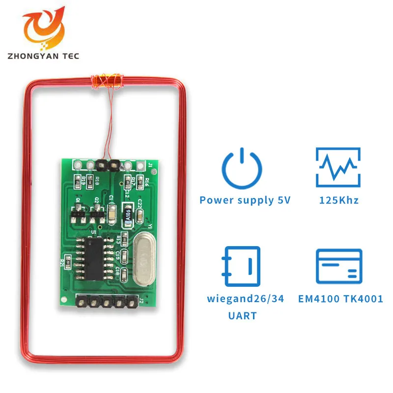 125khz RFID EM4100 Tarjeta de identificación Wiegand 26 34 Módulo lector de tarjetas inteligentes integrado