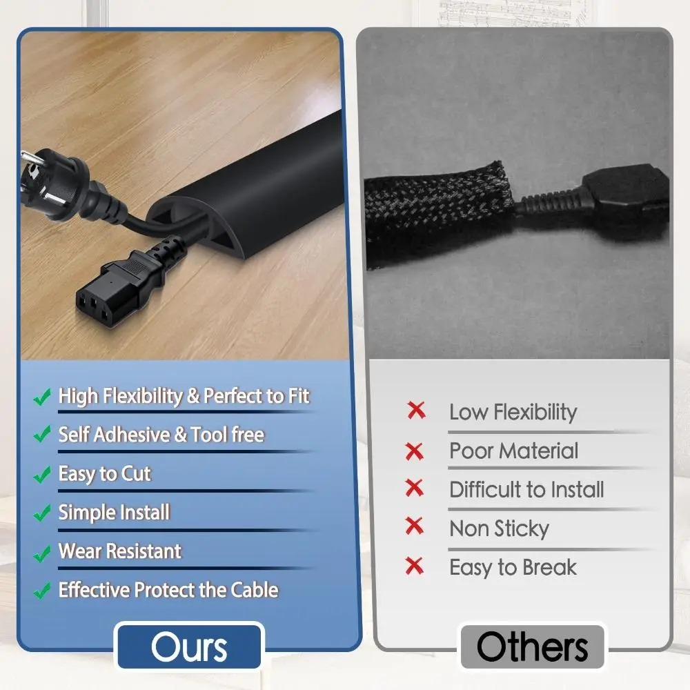 Professional Self Adhesive Floor Cord Cover PVC Trimmable Cable Management Low Profile Flexible Electric Cord Cavity Home Office