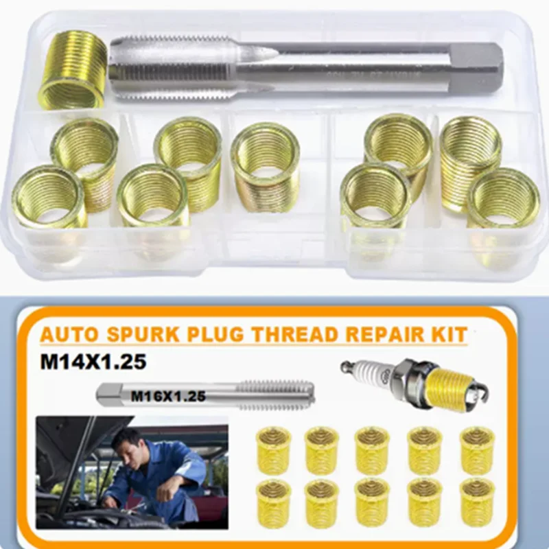 Box mounted spark plug screw insert with tap for automotive and motorcycle spark plug thread repair kit M10*1M12*1.25M14*1.25