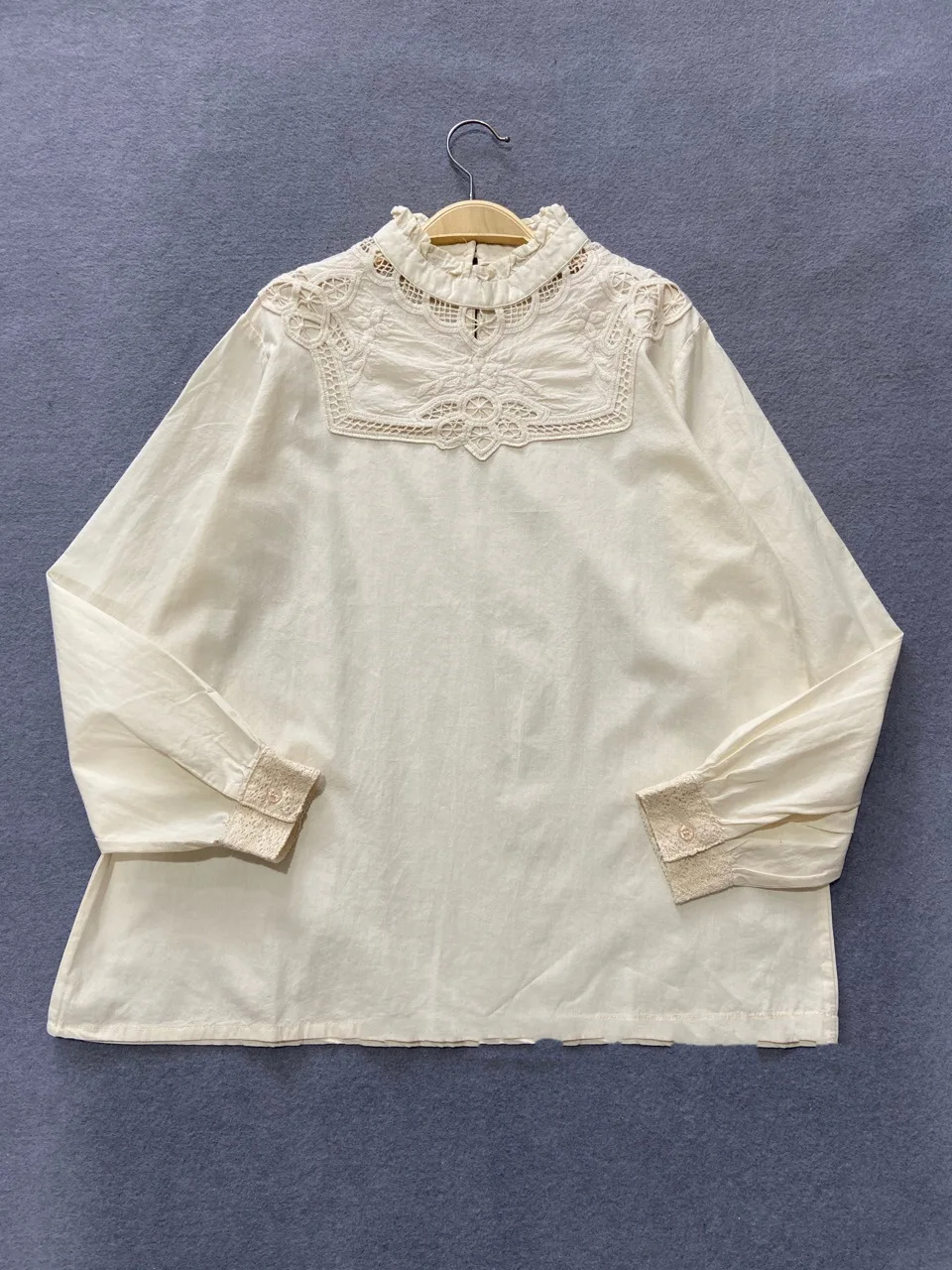 Mori Girl-Vintage Sweet Palace Lace Collar Shirts for Women, Long Sleeve, Hollow Out, Female Kawaii Cotton Blouse, Tops, Spring