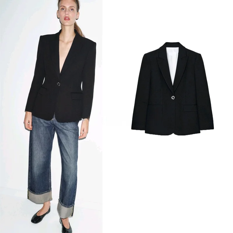 

Spring New Women's Slim Fit Long Sve Notch Collar oulder Pad Suit Jaet Faionable Commute Sle Polyester Fiber