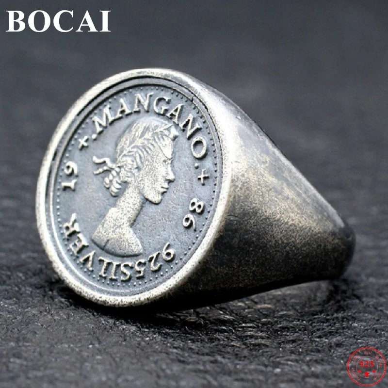 

BOCAI S925 Sterling Silver Charm Rings Thai Silver Handmade Retro Coins Ornaments Pure Argentum Punk Jewelry for Men and Women