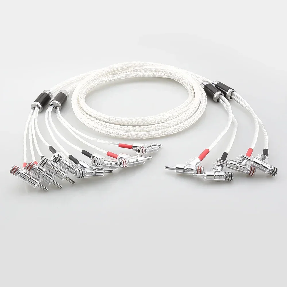 HiFi 8AG 16 Strands Silver Plated OCC Biwire Speaker Cable with 2 Banana to 4 banana Plug Audiophile Amplifier loudspeaker cord