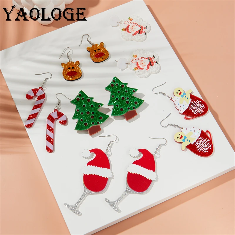 YAOLOGE Acrylic Christmas Snowman Reindeer Stick Tree Pendant Earrings For Women Girl Fashion Ear Jewelry Holidays Gift Party