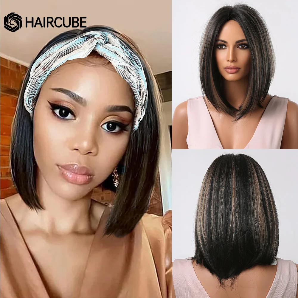 HAIRCUBE Short Straight Bob Hair Black Brown Highlight Synthetic Wigs for Women Middle Part Daily Heat Resistant Natural Wigs