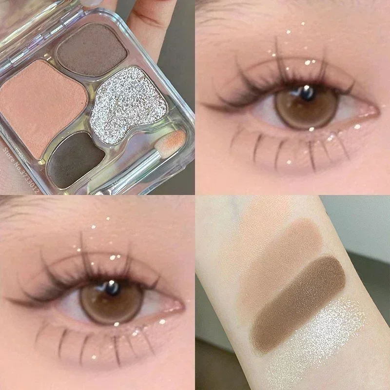 Paleta de sombra de ojos en polvo de cuatro colores, brillo brillante, párpado Natural, sombra de contorno de gusano de seda, tono Natural, delineador de ojos marrón, barro