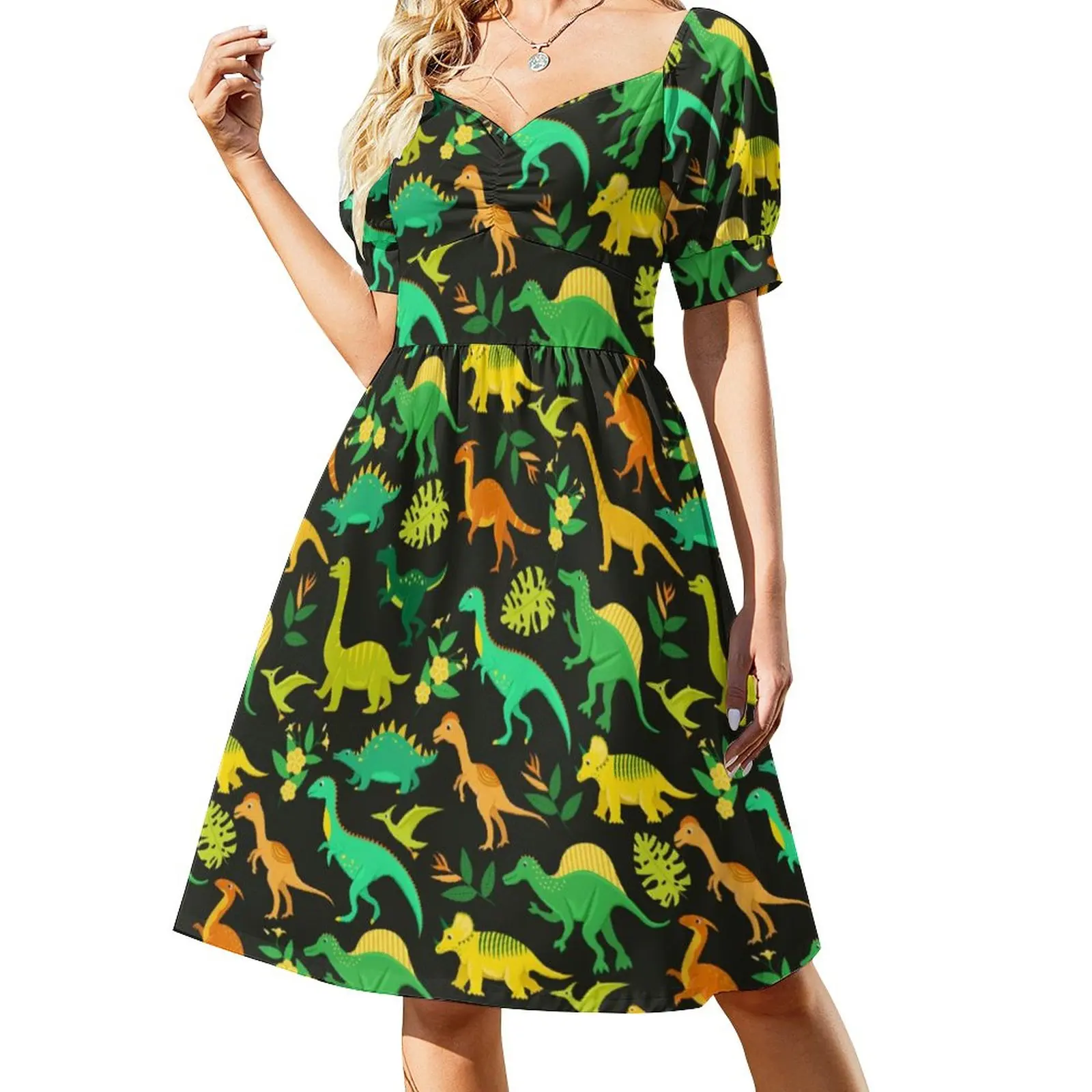 

Dinosaur Dress Vintage Dresses Womens Short Sleeve Aesthetic Casual Dress V Neck Oversized Clothing