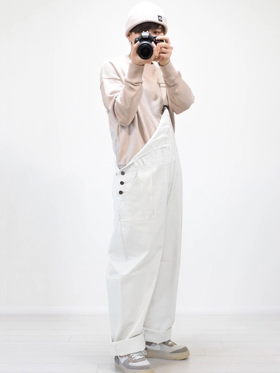 

Мужские джинсовые комбинезоны чисто белого цвета, повседневные, прямые, свободного кроя, функциональные брюки-карго, модные женские городские брюки в стиле фэшн