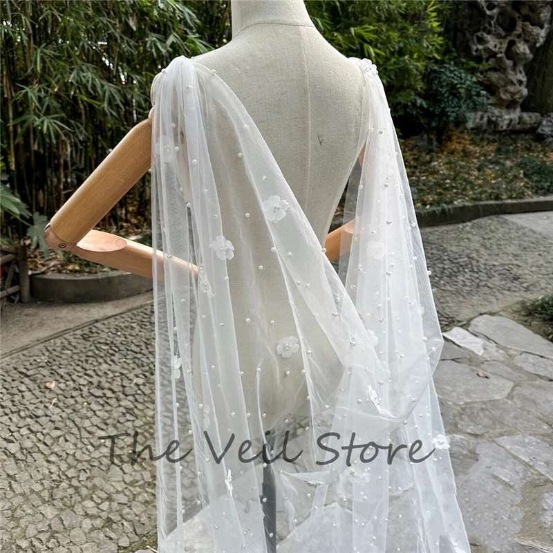 Real Photos Flowers Pearls Bridal Wedding Cape Sholder Draped Veils Black Cathedral For Brides Red White Ivory Floral Beaded