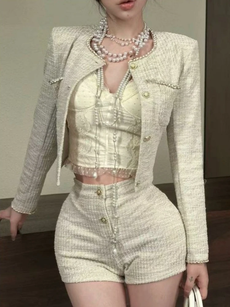 

French Vintage Solid Patchwork Two Piece Set Women Elegant Long Sleeves Coat + Mini Shorts Suit Buttons Design Sense Outfit 2025