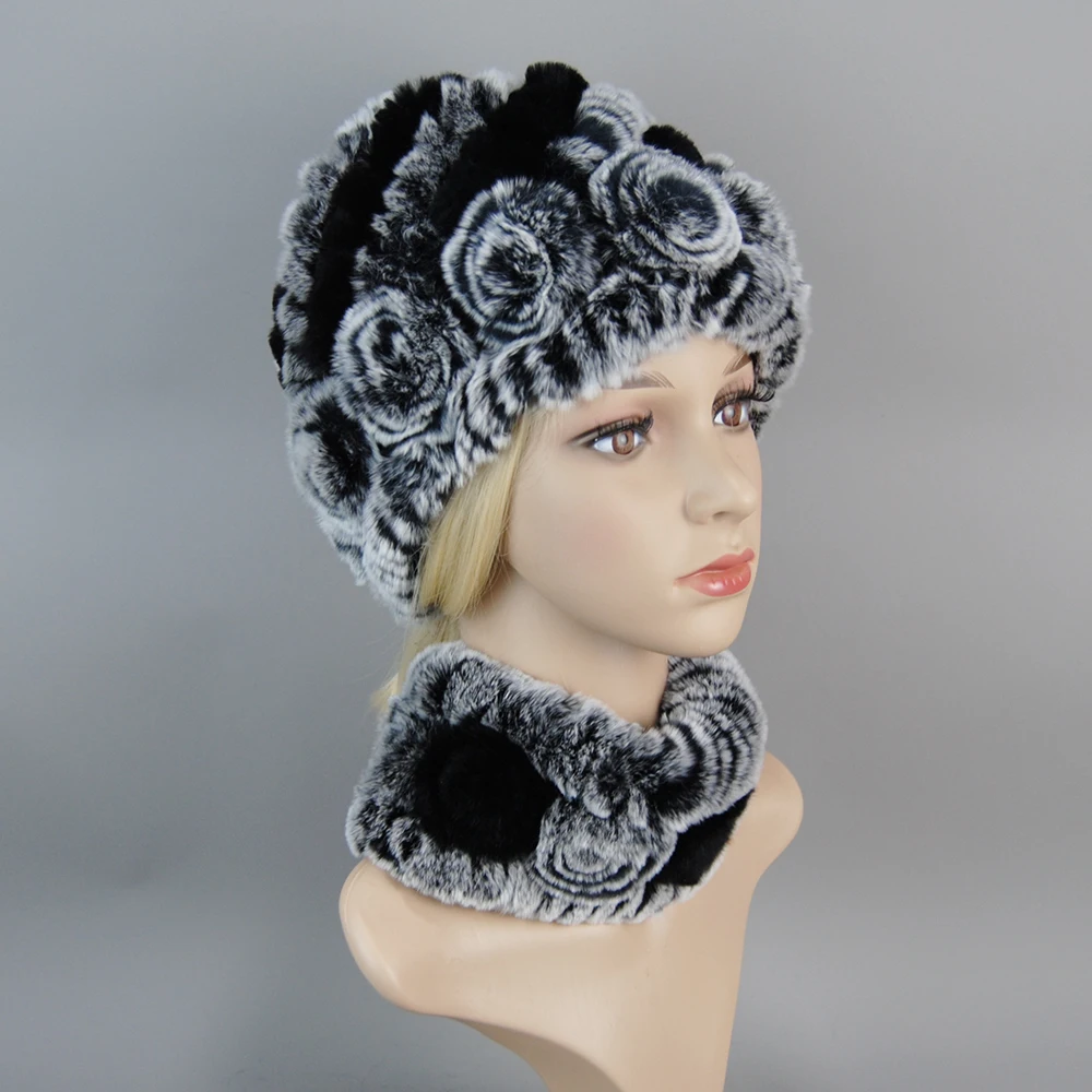 Fashion Girl Fur Cap Lady Winter Natural Real Rex Rabbit Fur Hat Scarf Suit High Quality Women 100% Genuine Fur Hat
