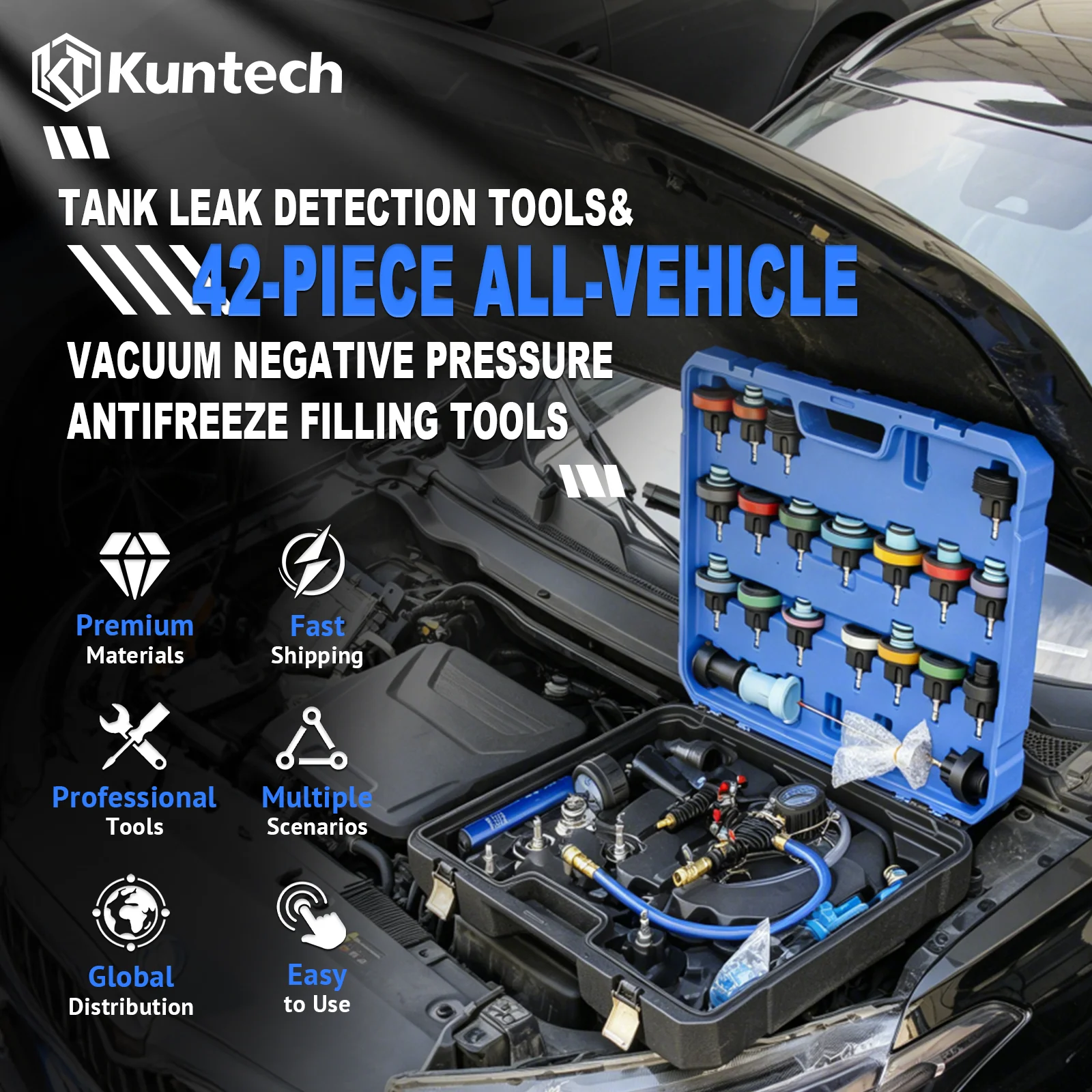 Professional Automotive Cooling System Leak Detector & Vacuum Coolant Refill Tool Kit 42Pcs Radiator Pressure Test Antifreeze view 2
