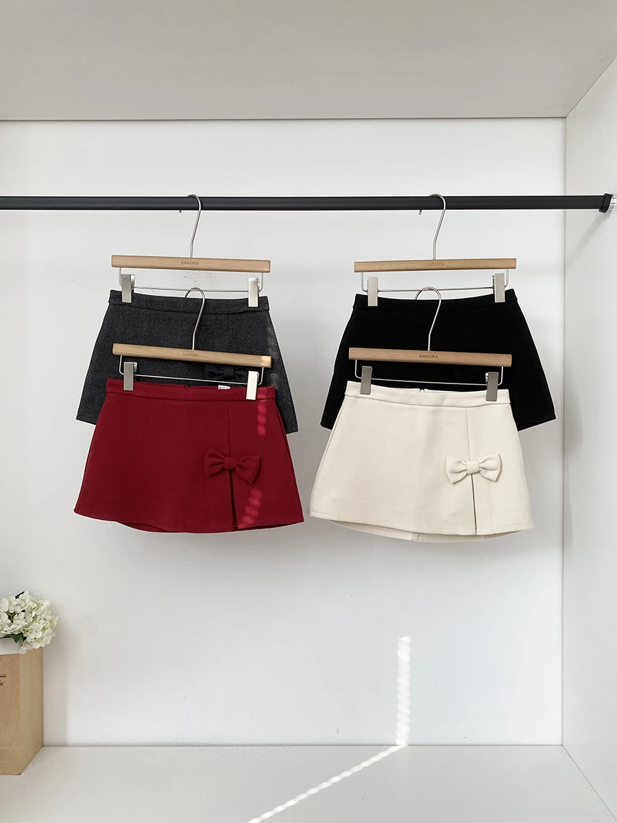 Spring 2026 Korean Style Sweet Design  Knot Woolen  Skirt Slimming High Waist A-Line Skirt for Women Commute