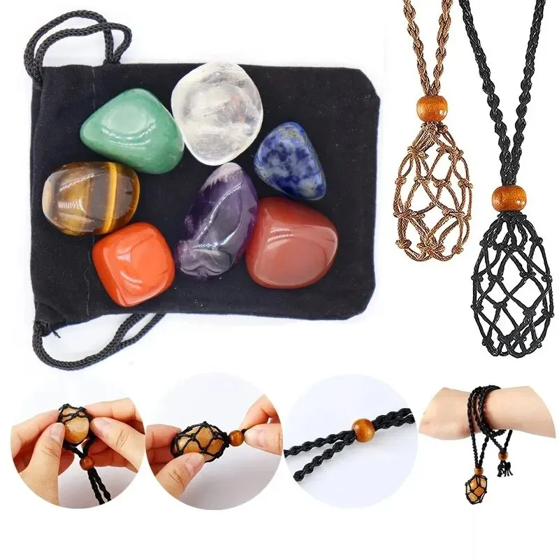 7pcs/set 20-30mm Irregular Natural Stone Yoga Stone Bracelet Mesh Bag Weaving DIY Stone Crafts Matching Bracelet Flannel Bag