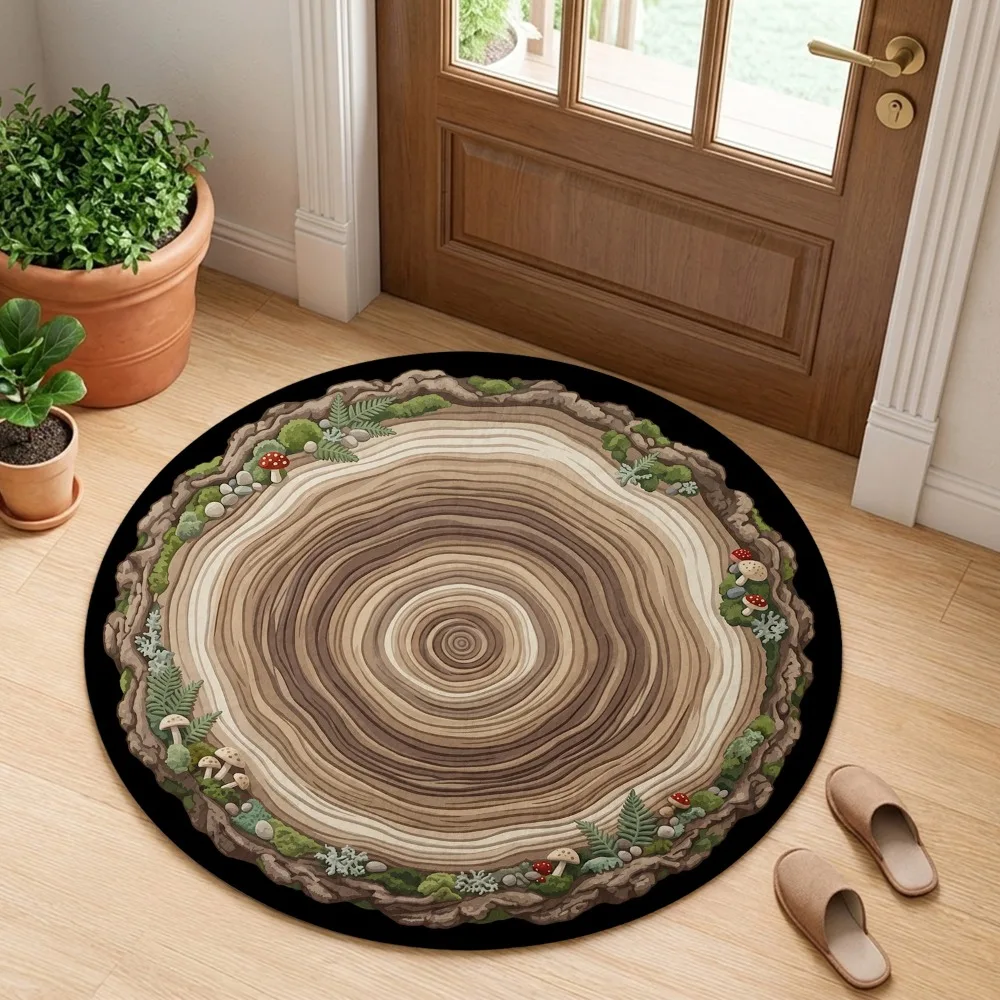 Tree Annual Ring Stump Slice Moss Mushroom Fern Botanical Bark Pattern Holiday Luxury Round Mat Area Rug Home Decor
