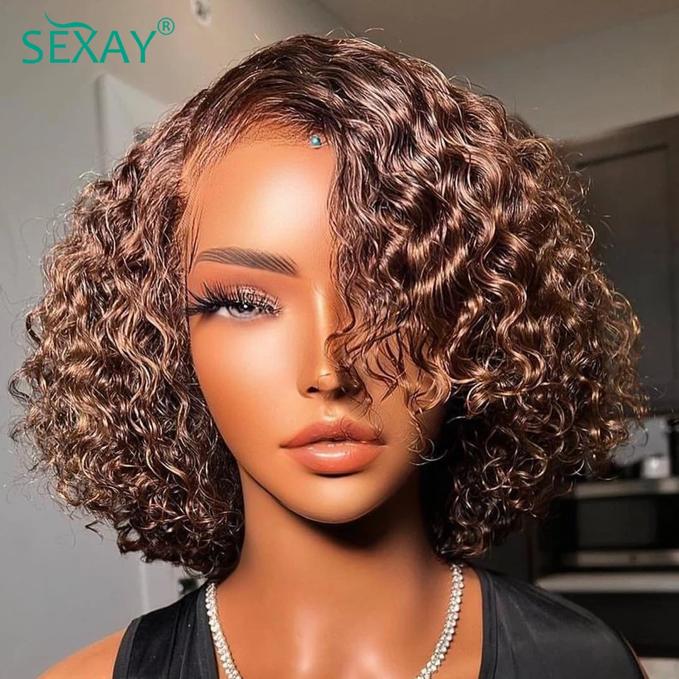 Wig Bob pendek gelombang air #4 warna coklat seksi 100% Wig rambut manusia keriting lautan ketebalan 180 13x4 HD Wig Frontal renda transparan