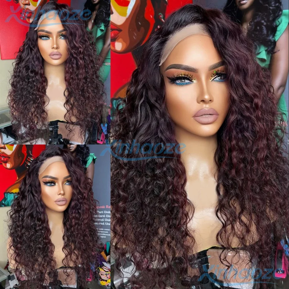 

200 Density 1b/99j Burgundy 13x6/360 Lace Frontal Wigs Human Hair Transparent Preplucked Wine Red Colored Deep Wave Remy Hair