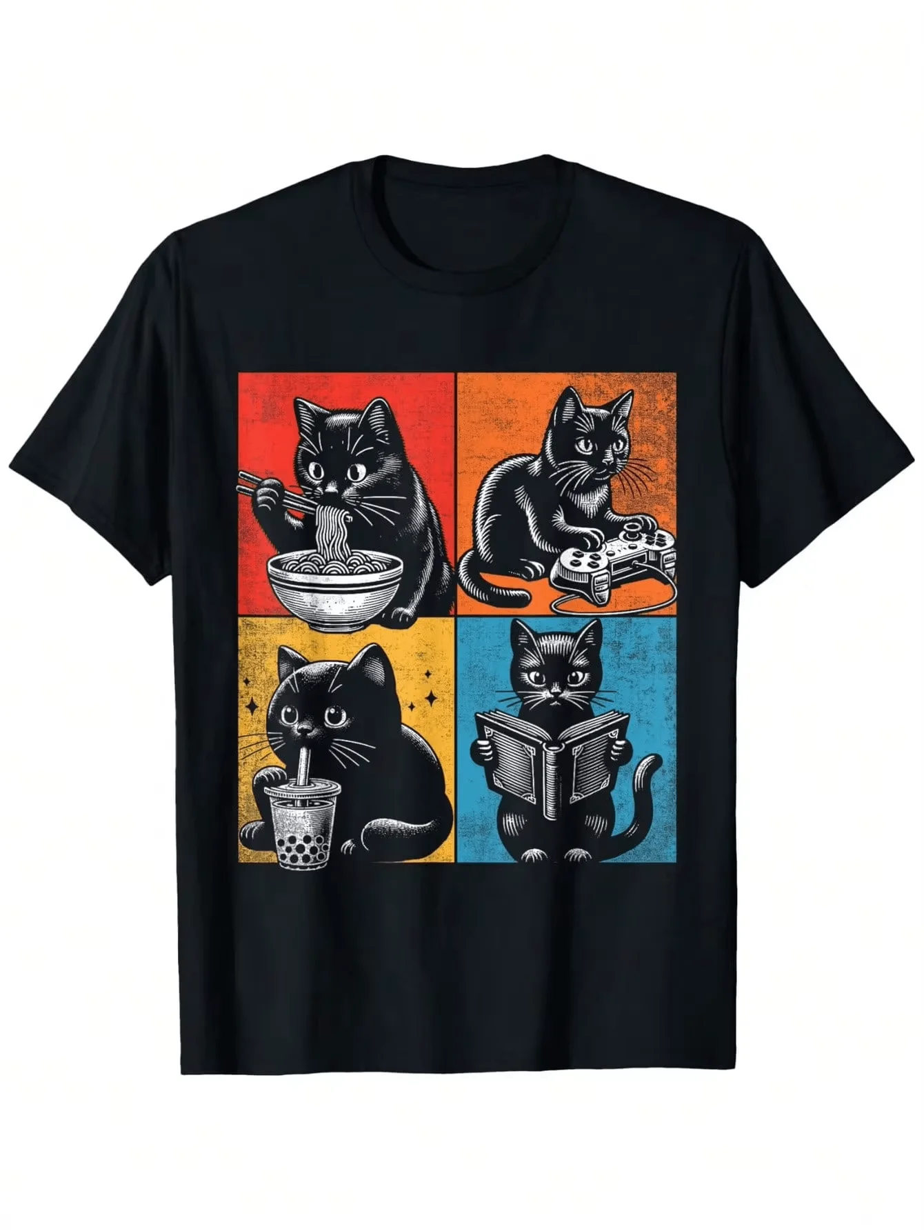 Cute Pop Art Style, For Both Boys And Girls Family Matching Shirts, Black Cat Eating Noodles Playing Games Reading Book Design,