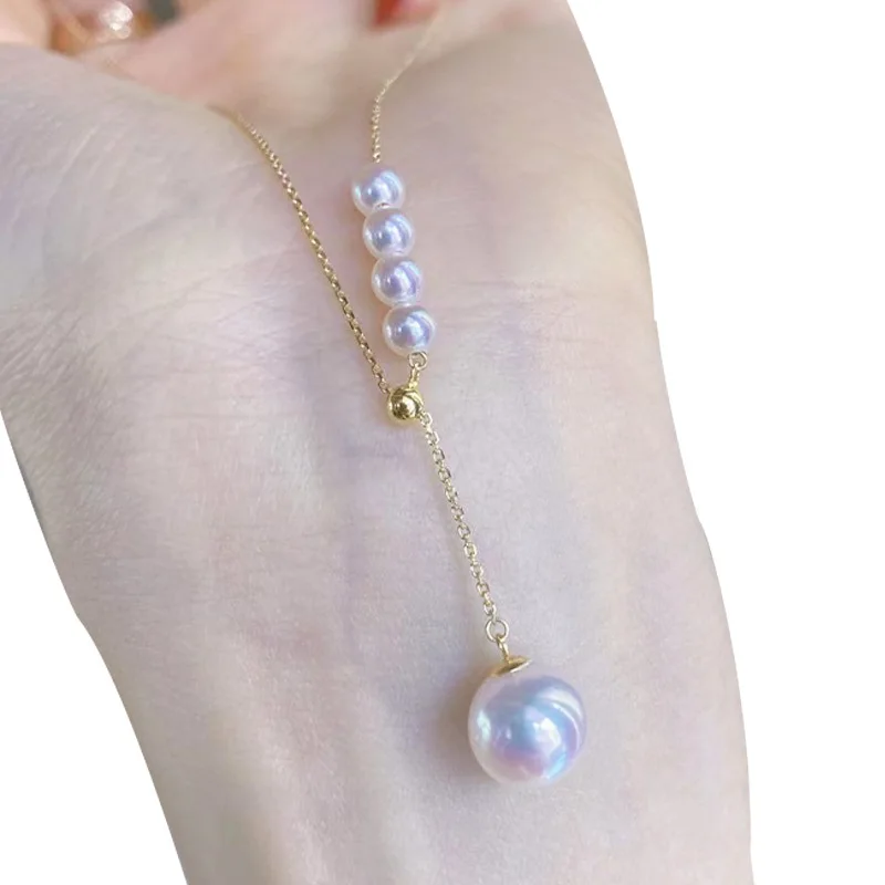 Natural Akoya Saltwater Pearl Y-Necklace, Multi-Pearl Pendant 18K Yellow Gold Collarbone Chain, Round Ocean Jewelry