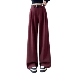 Ins Fashion Fall Winter Burgundy Suits Pants for Women Office Lady Elegant High Waist Wide Leg Trousers with Pockets Black Gray