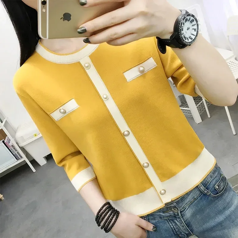 

Loose Thin Pullover Head Ice Silk Bottom Women's 3/4 Sleeve Top O-Neck Knit Shirt White 2025 New Sweater Short Knitted Women's