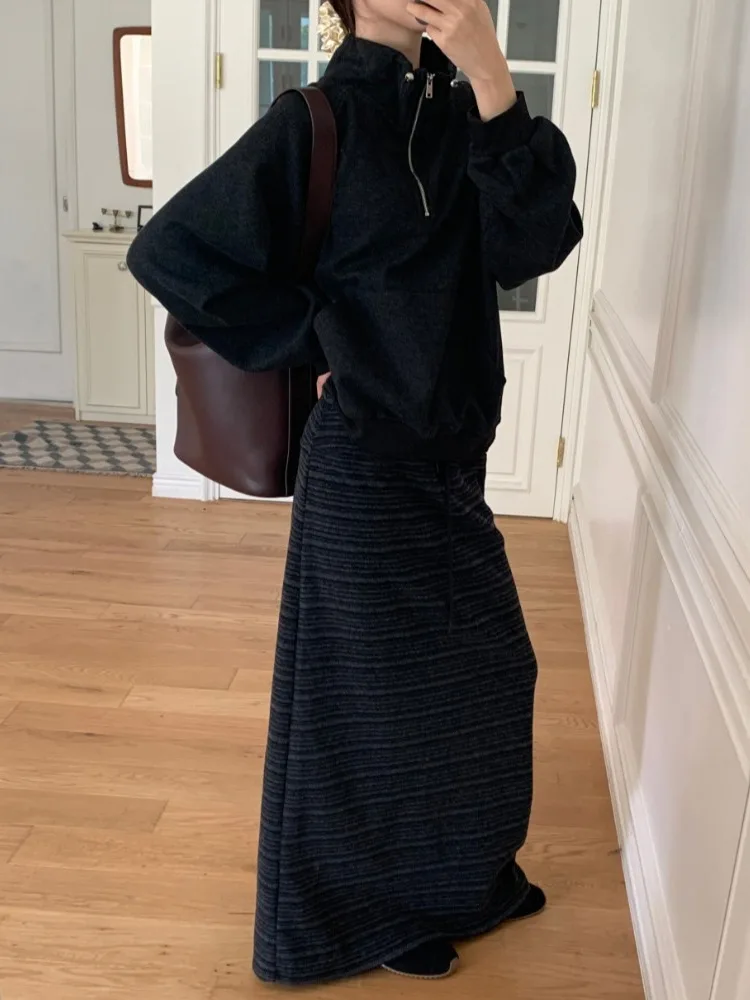 Корейская простая модная полосатая тонкая юбка средней длины с эластичной текстурой и завязками для женщин, осень-зима, новинка...