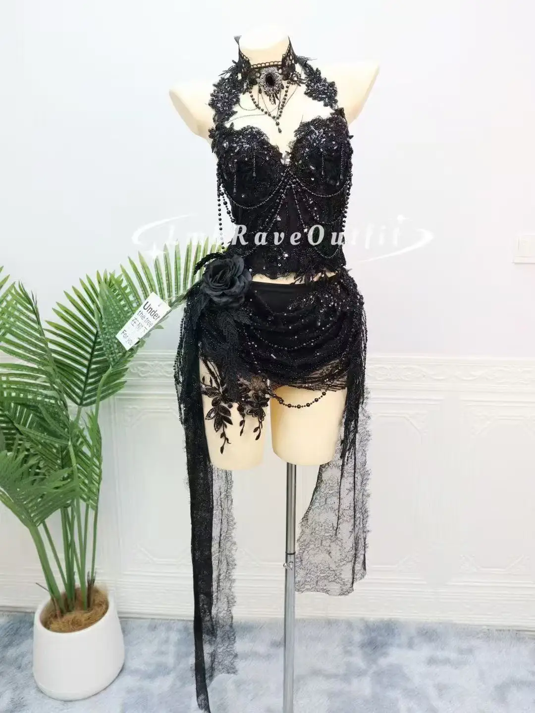 Sexy Black Rose Flower Lace Pearl Tassel Shiny Diamond Bikini Dress DJ Bar Nightclub Singer Dance Stage Party Prom Birthday Wear view 2