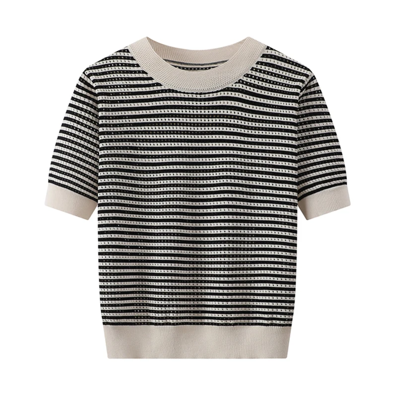 T Shirt For Women Knitted Hollow Out Thin Striped Tshirt Summer Tops Casual Round Neck Tee Shirt Femme T Shirts Womens Clothing