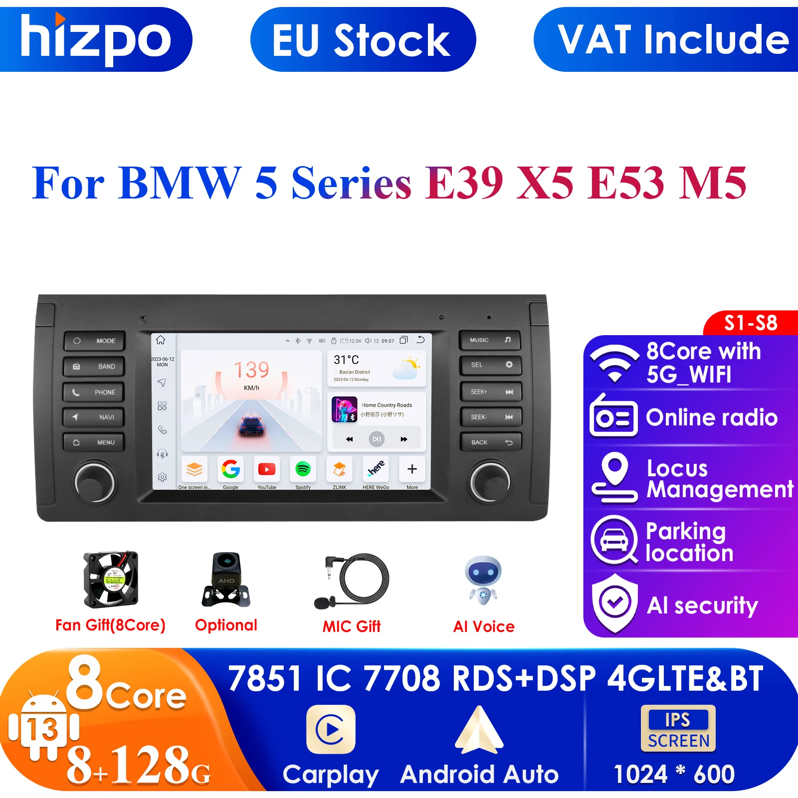 8+128G Autoradio 2 Din Android 12 Car Multimedia Player Navigation for BMW E39 E53 M5 1995-2003 Audio Stereo BT GPS Wifi Carplay