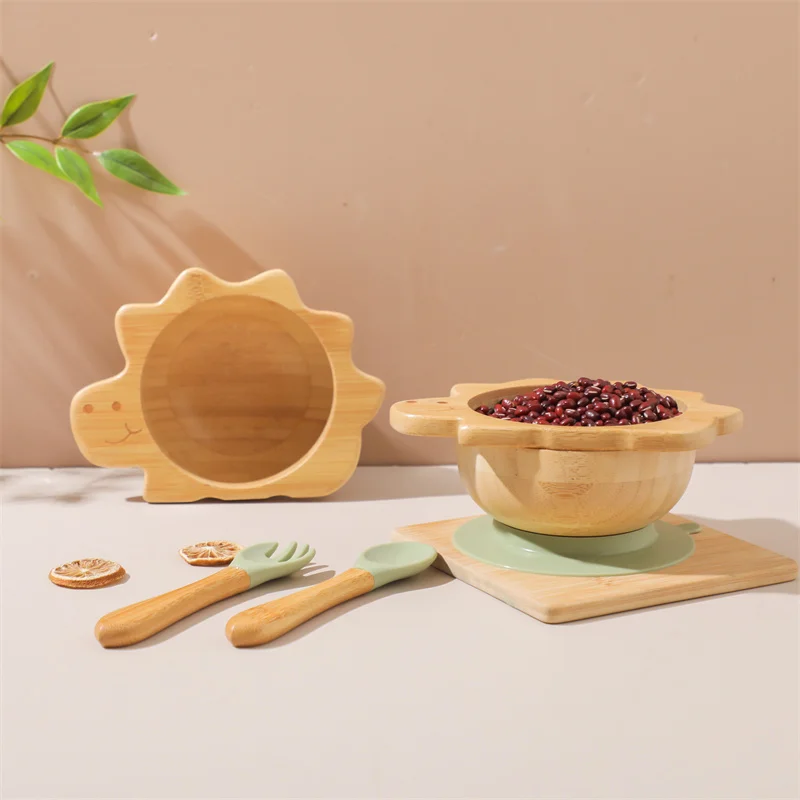 Baby Wooden Tableware Set Dinosaur Bamboo Wooden Plate Bowl Silicone Suction Wooden Handle Fork Spoon for Children Feeding Gift