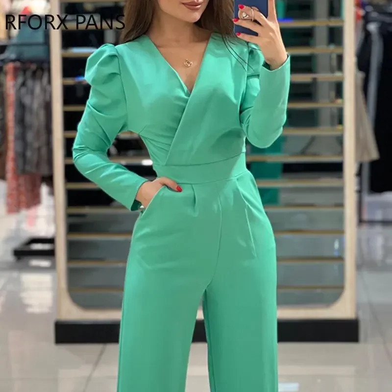 Women Solid Elegant Long Puff Sleeves  V Neck Straight Pocket Working Jumpsuit