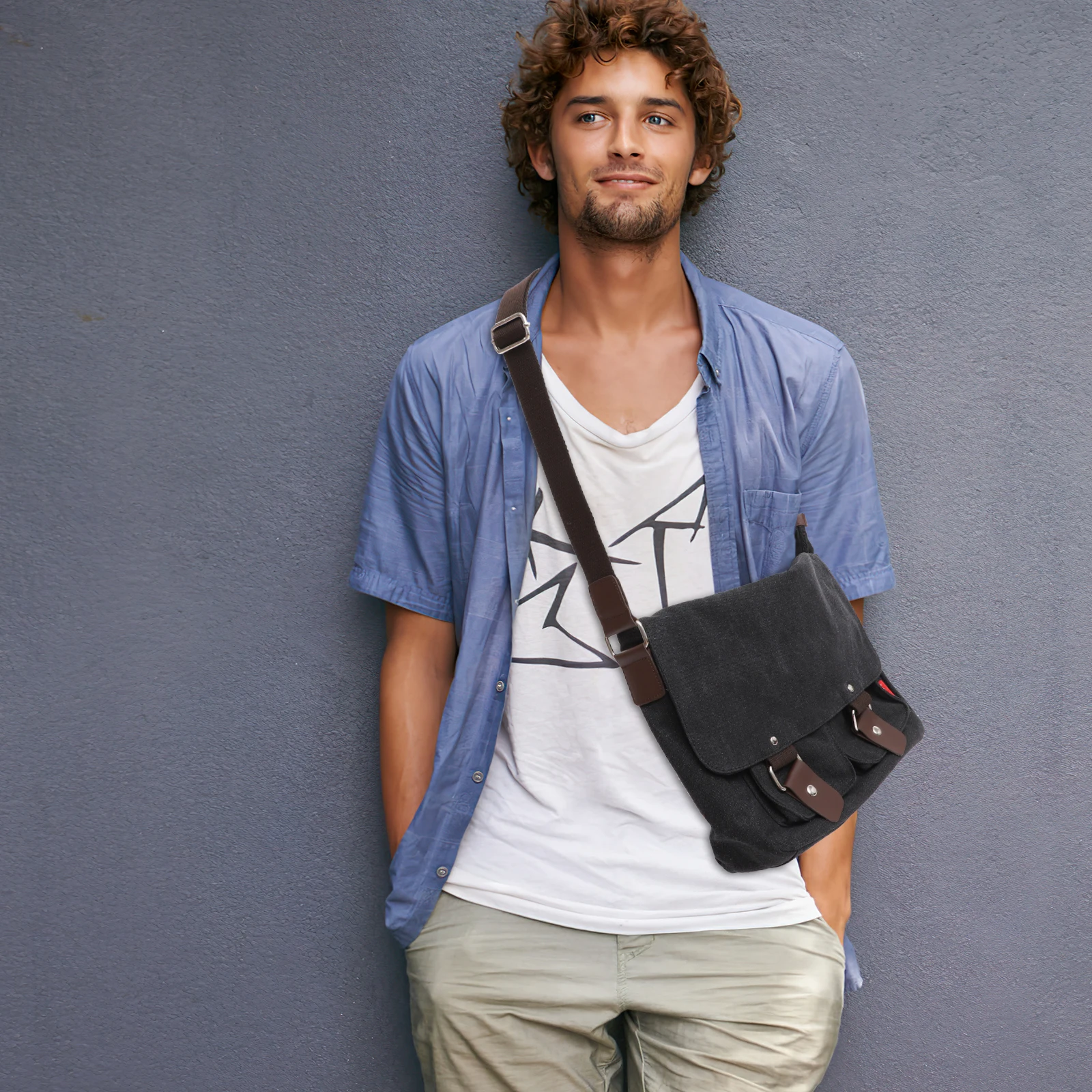 

Vintage Men Canvas Shoulder Bag Crossbody Messenger Pu Large Adjustable Strap 145Cm Coffee Color For College Work Travel Laptop