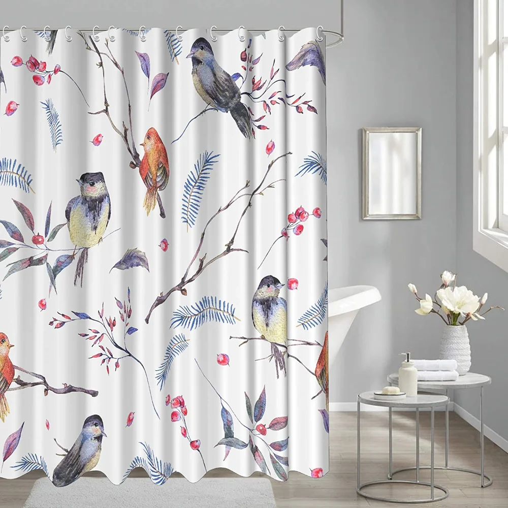 Bird Shower Curtain Fabric Colorful Cute Birds Branch Art Watercolor Painting Bathroom Curtain Home Decor Curtains For Kitchen