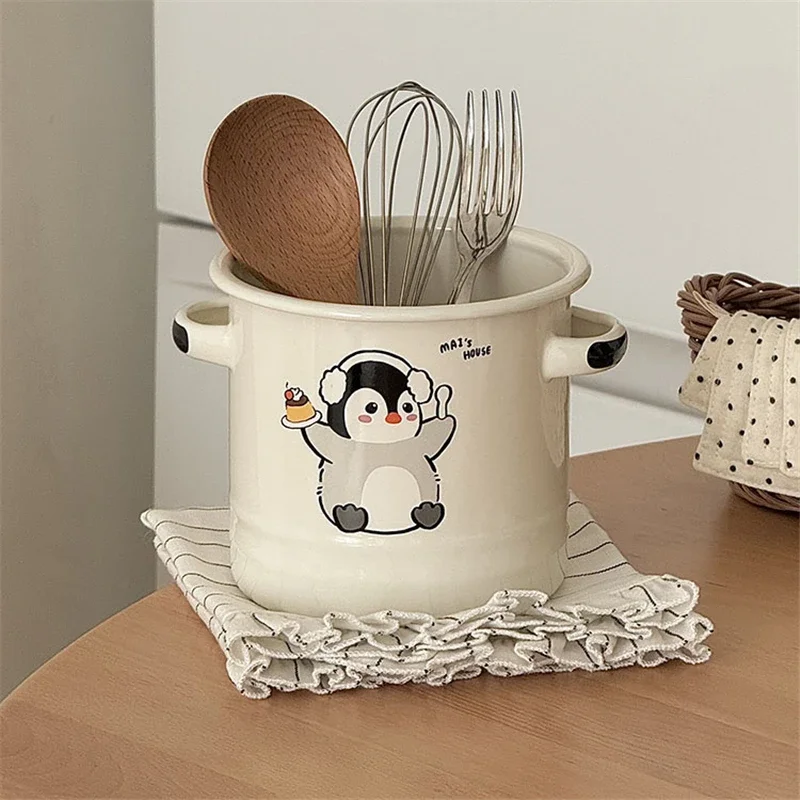 Enamel Storage Jar Cute Penguin Double Handle Snack Storage Box Stew Cup Tableware Bucket with Lid Mug Kawaii Kitchen Storager