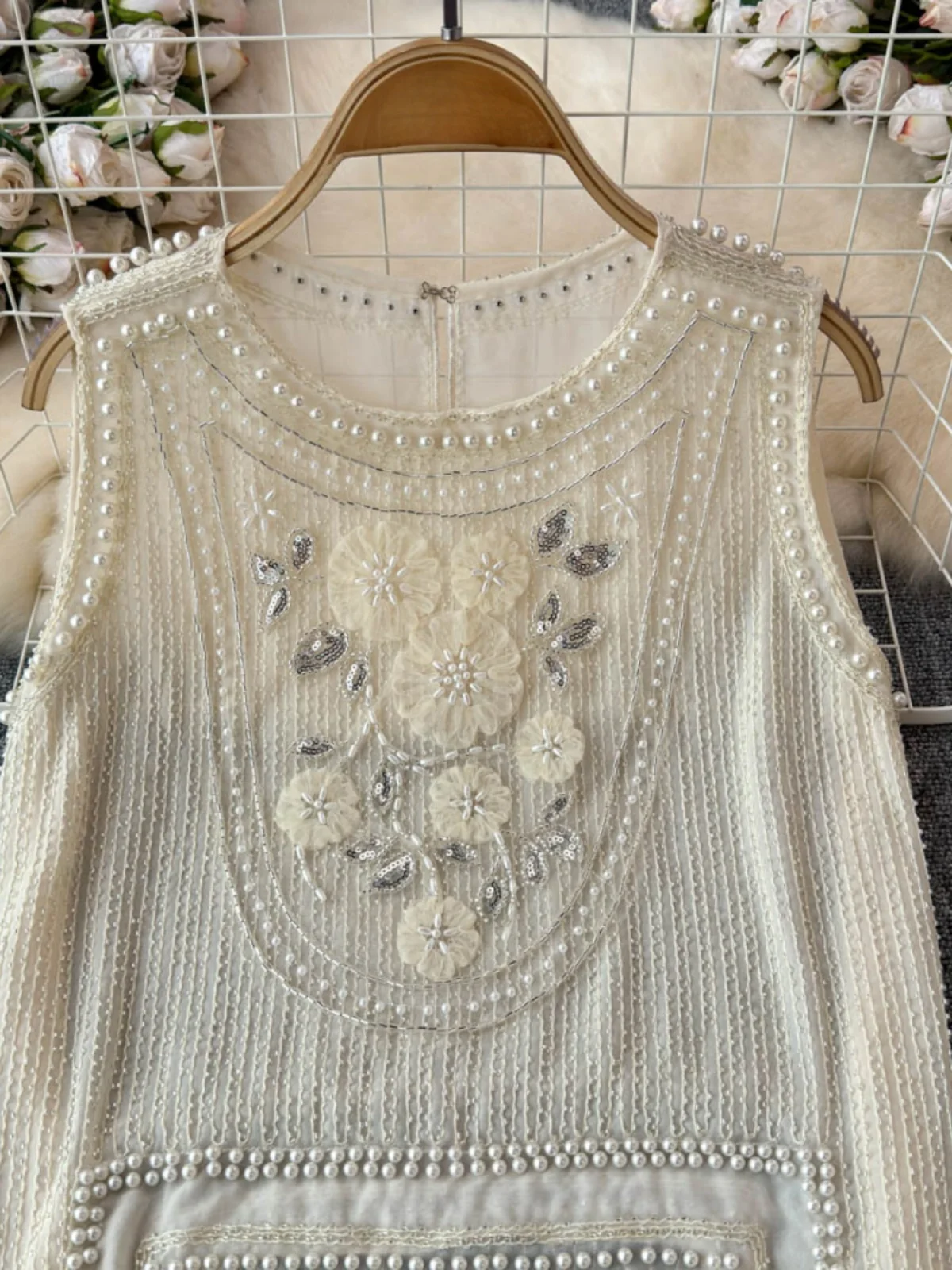 

Handmade Beaded Tassel Sequin Embroidered Loose Strap Vest Spring Summer High End Faion Snowy Chiffon Bright Sparkling Top