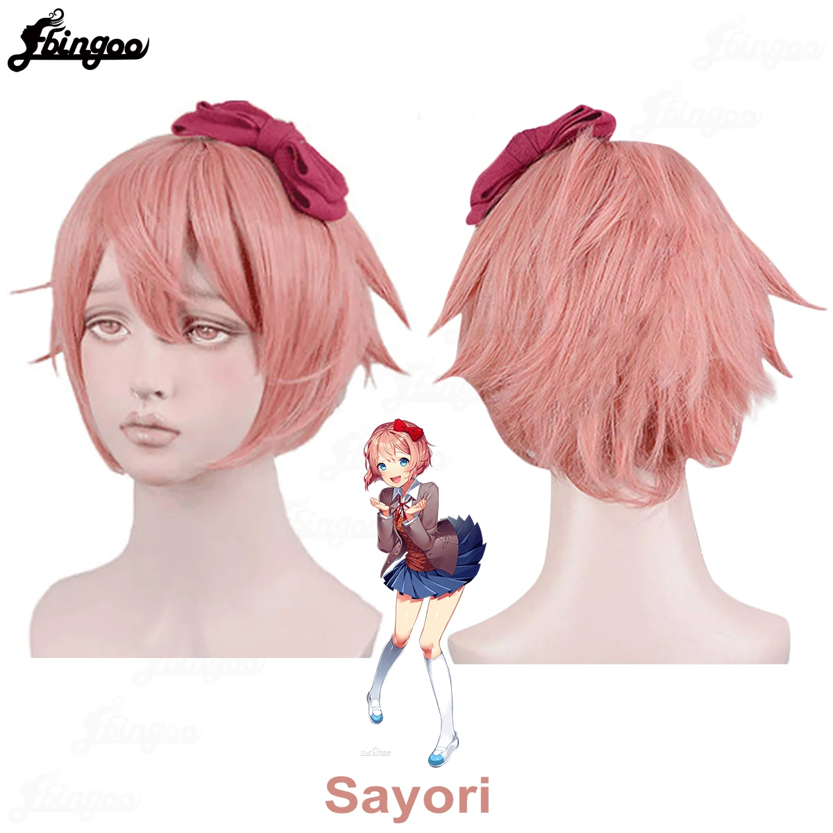 Ebingoo DDLC Doki Doki Literature Club Sayori Cosplay Wigs Pink Short Wig Heat Resistant Synthetic Hair Wigs for Hollywood Party