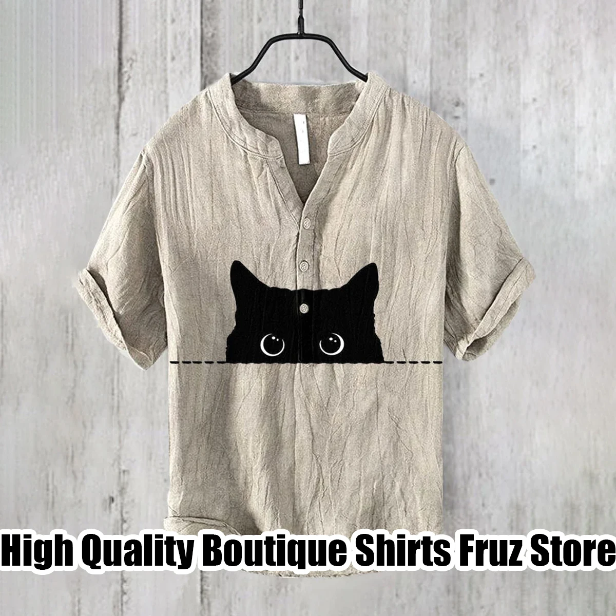 Men\'s V-neck short-sleeved shirt solid color cat series printed shirt casual comfortable loose large size shirt XS-6XL fast deli